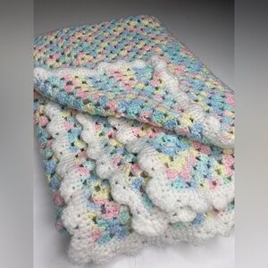 Crocheted Homemade Baby Blanket Pink, Yellow, Green, Blue and White 36x26